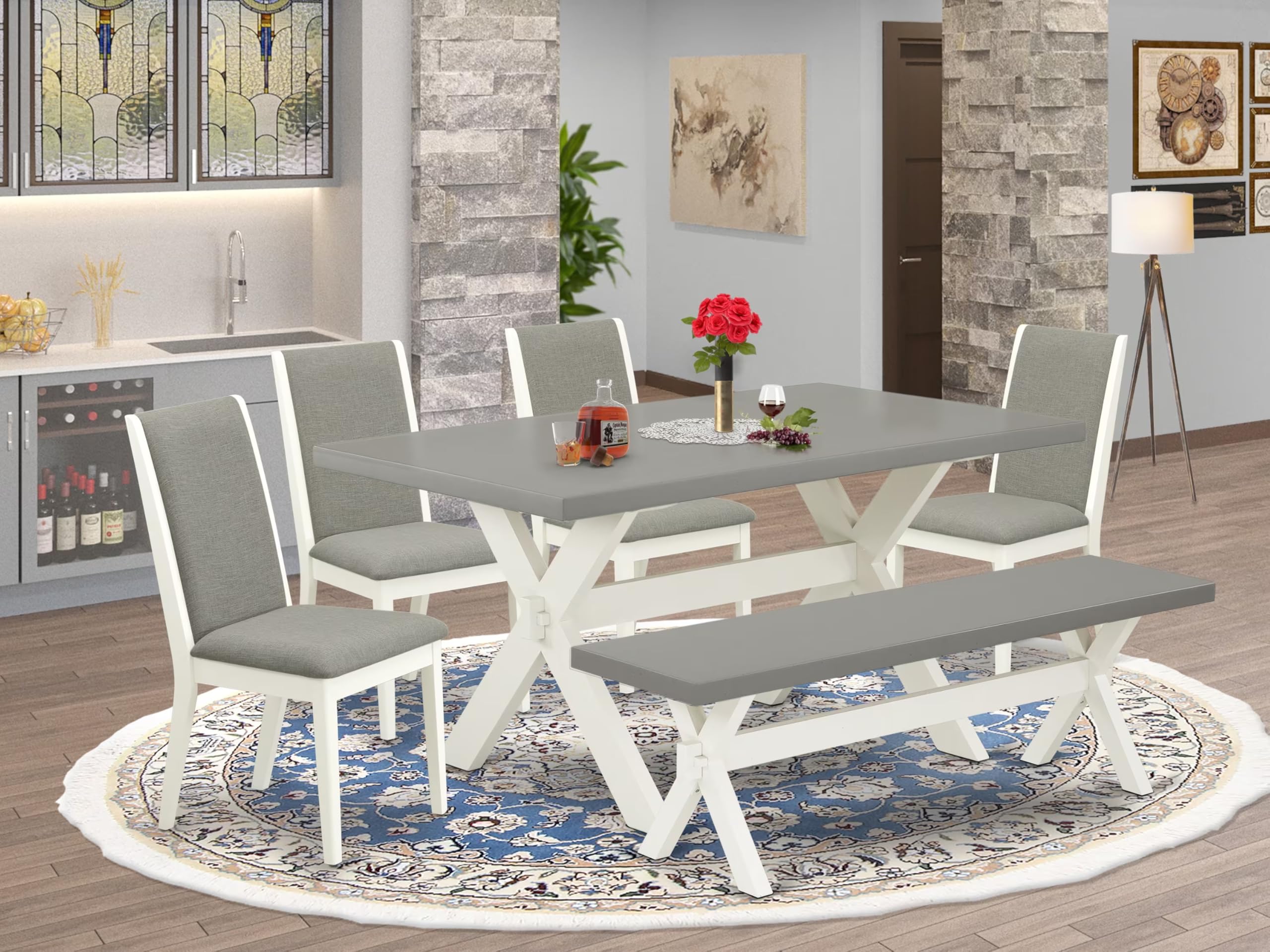 East West Furniture X096La206-6 6 Piece Dinette Set Contains A Rectangle Dining Table With X-Legs And 4 Shitake Linen Fabric Parson Chairs With A Bench, 36X60 Inch, Multi-Color